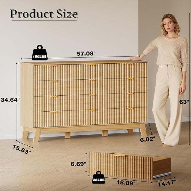 BORNOON 57" Wide Dresser for Bedroom, 12-Drawer Fluted Dresser with Metal Handles, Wood Chest of Drawers with Smooth Slides and Stable Base, Modern Storage Cabinet for Living Room, Nursery