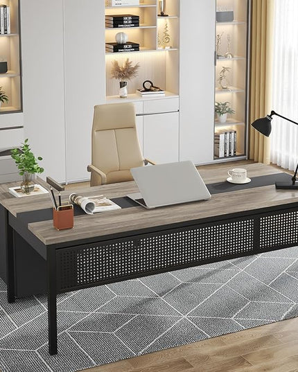 Tribesigns 70.8" Large Executive Office Desk and 47" Lateral File Cabinet Combo, L-Shaped Computer Desk Business Furniture with Drawers and Shelves, Home Office Workstation, Grey & Black