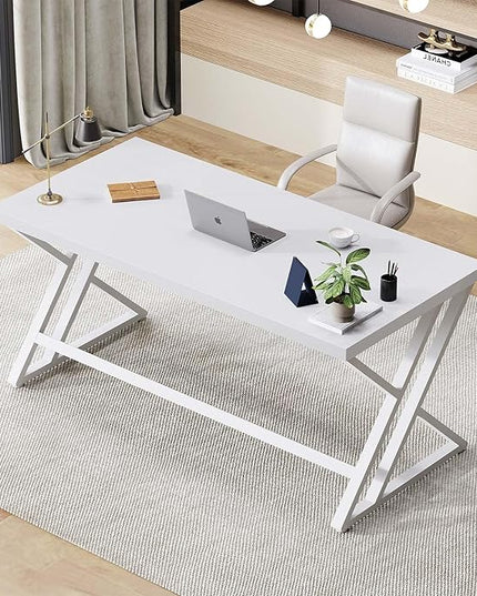 LVB White Computer Desk, Modern Wood Home Office Desk for PC Writing Work, Metal Wooden Executive Workstation Student Simple Desk, Computer Study Gaming Bedroom Table, 55 Inch, White Oak