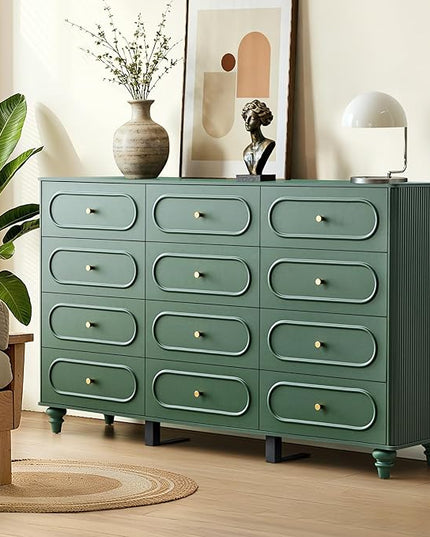 12 Drawer Fluted Dresser for Bedroom, Mid Century Modern Chest of Drawers, Wood Storage Small Dresser Organizer for Bedroom Living Room Hallway Closet, Green
