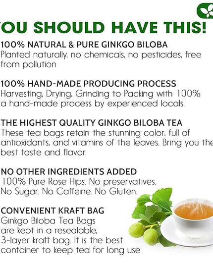 FreshDrinkUS, Premium 75 Ginkgo Biloba Leaf Tea Bags, 100% Natural & Pure from Ginkgo Biloba Leaves. Loose Leaf Herbal Tea. Made with Eco-Conscious Tea Bags. No Sugar, No Caffeine, No Gluten, Vegan.