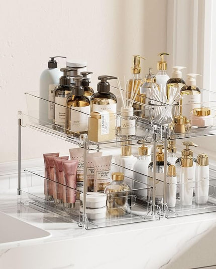 Vtopmart 2 Tier Bathroom Storage Organizer, 2 Pack Clear Under Sink Organizers Vanity Counter Container, Cabinet Drawers Bins, Pull-Out Organization with Track for Pantry, Kitchen