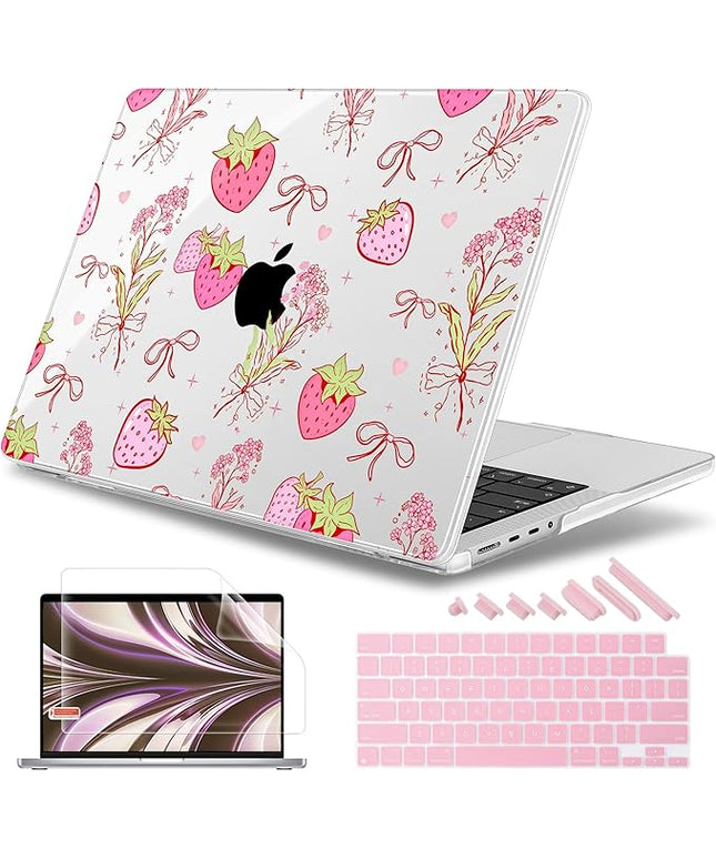 May Chen Case for MacBook Pro 14 inch, Models A2442 A2779 A2918 A2992 A3401 A3185 A3112 A3434, M1 M2 M3 M4 M5 Chip (2021-2025 Release), Plastic Hard Shell Case with Keyboard Cover, Strawberry Bow