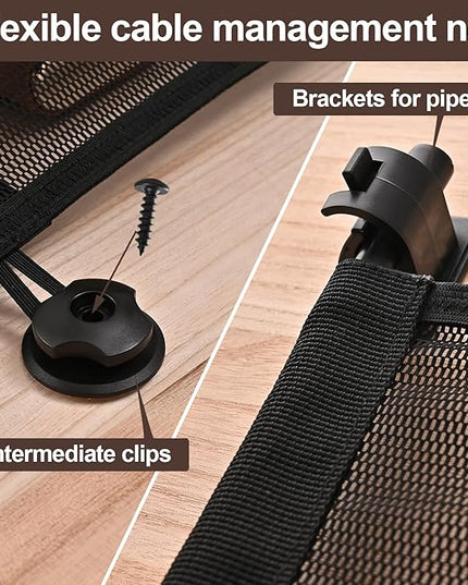 HX AURIZE Under Desk Cable Management Net – Flexible Wire Organizer with Side Rods & Center Hooks – Elastic Mesh Kit for Standing & Office Desks – Adhesive Positioning and Screw Lock Black
