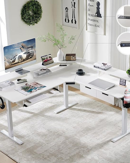RedLemon 60 Inches L Shaped Electric Standing Desk, Height Adjustable Corner Gaming Desk with Drawers, Keyboard Tray, Power Outlets & LED Lights, Computer Desk with Monitor Shelf, Antique White