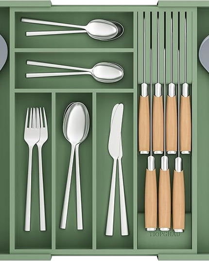 Bamboo-Silverware-Drawer-Organizer-Kitchen, Expandable Utensil Holder Cutlery Tray Flatware Organization Adjustable Wood Tableware Dividers Storage (with Removable Knife Block)(Grayish Green)