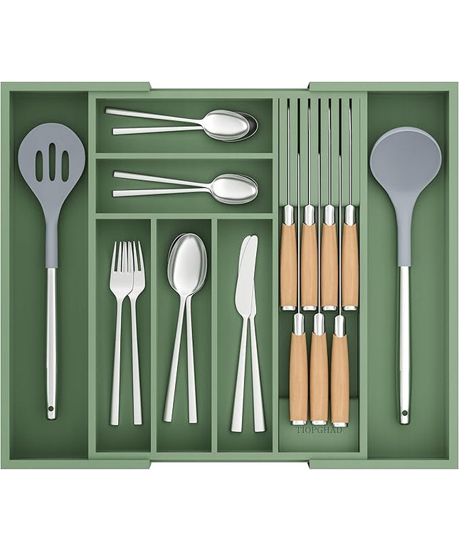 Bamboo-Silverware-Drawer-Organizer-Kitchen, Expandable Utensil Holder Cutlery Tray Flatware Organization Adjustable Wood Tableware Dividers Storage (with Removable Knife Block)(Grayish Green)