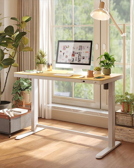 Standing Desk with Drawer, Electric Height Adjustable Home Office Desk with Storage & USB Ports, 48 inch Bamboo Texture Tabletop/White Frame