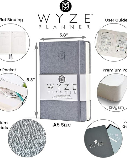 Undated Daily Planner – 6-Month A5 Productivity Organizer with Full Page Per Day, Hourly Schedule, Goal Setting, Habit Tracker, Weekly & Monthly Pages – Hardcover Time Management Notebook (Gray)