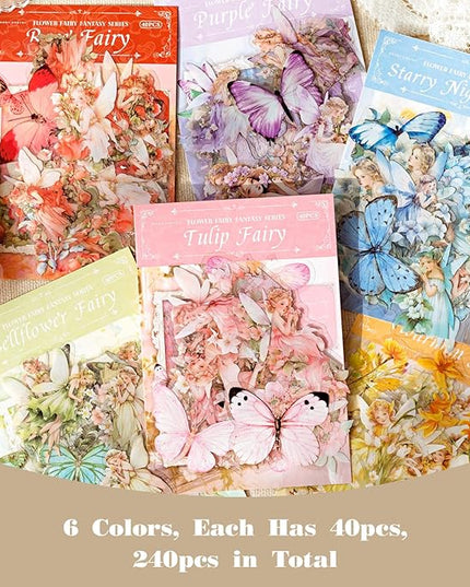 SIBLYMONA Vintage Fairy Stickers 240Pcs Transparent Stickers for Scrapbooking Journaling, Floral Butterfly Cottagecore Junk Journal Scrapbook Supplies, Rub On Transfers for Crafts (240, Pink&Blue)