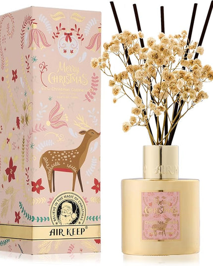 Airkeep Christmas Reed Diffuser Set - 3.38 fl oz (100 ml) Christmas Cookie Oil Diffuser with 8 Reed Sticks, Home Fragrance for Bathroom Shelf Decor