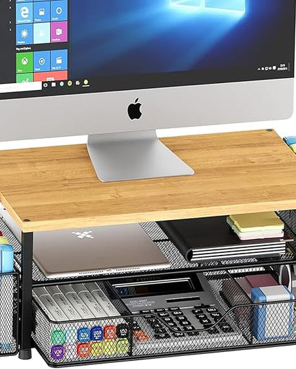 OPNICE Desk Organizers and Accessories, 2-Tier Computer Monitor Stand with Drawer and 2 Pen Holders, Laptop Stand, Office Desk Accessories for Office Supplies, Oak