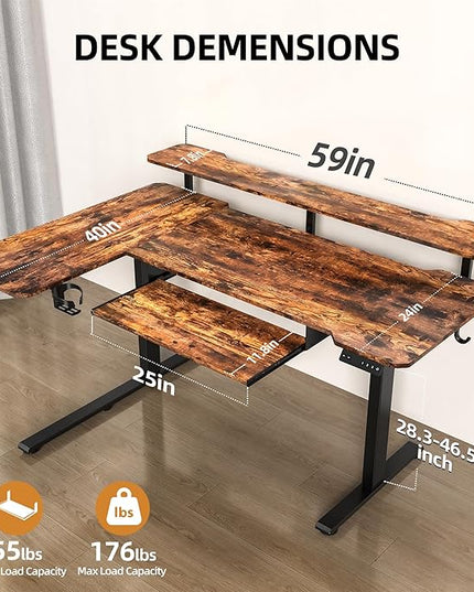 59 Inch L Shaped Standing Desk with Shelves and Keyboard, Electric Corner Standing Desk Adjustable Height, Sit Stand Computer Table with Reversiable Splice Board，Rustic Brown