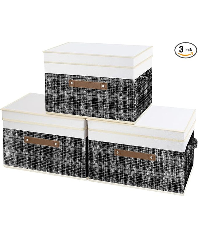 TYEERS Collapsible Storage Bins with Lids, Patchwork Design, Washable, Fabric Storage Boxes, 14.9x9.8x9.8 inches, 3 Pack, Black