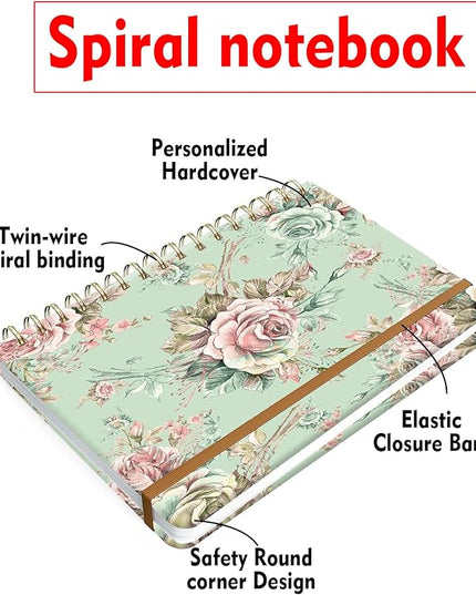 Spiral Journal Notebook for Women, Hardcover A5 College Ruled Notebook, 120 Pages, Thick Paper, Cute Lined Journal for School, Office & Work, 6 x 8.4 in(Vintage Flower)