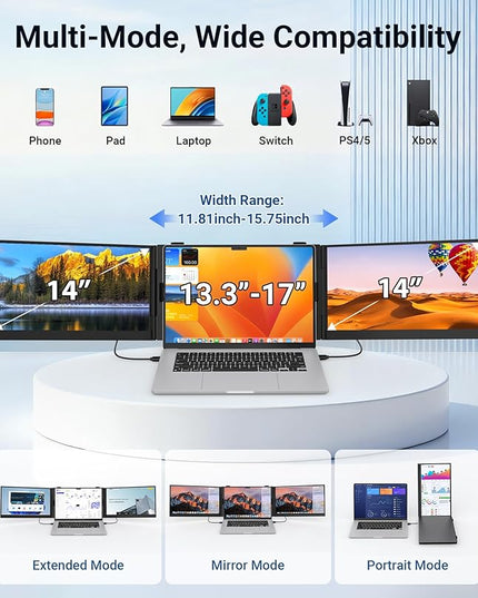 Laptop Screen Extender, Ultra Thin 14" 1080P FHD Triple Portable Monitor for Laptops 13-17.3", 2.2lbs Lightweight Travel Dual Monitor Extender, Plug-Play Aluminum Extended for Mac/Windows/PS5/Chrome