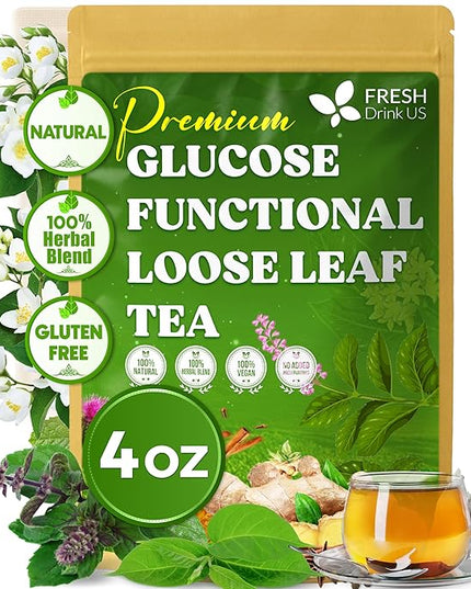 FreshDrinkUS, Glucose Functional Loose Leaf Tea | 4oz | Herbal Blend of Gymnema, Milk Thistle, Dandelion Root, Cinnamon & Ashwagandha – Naturally Caffeine-Free, Premium Quality, Balanced Flavor. Vegan
