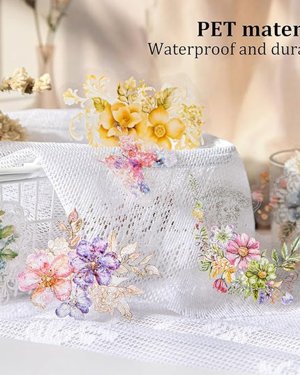 AuriicLeaf Floral PET Sticker Set, 60PCS Transparent Butterfly, Lace, and Flower Stickers for Scrapbooking, Journaling, Planners and DIY Crafts