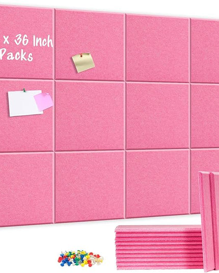 DOLLAR BOSS Large Cork Board for Wall 48" x 36" x 0.5" Pink Bulletin Board 12 Packs Corkboard Tiles Self Adhesive Felt Wall Tiles for Office Home School, Pink