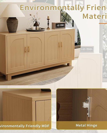 Maggym 63" Sideboard Buffet Cabinet with Storage, 4-Door 2-Tier Storage Cabinet, Multi-Use Organizer for Living Room & Dining Room, Oak