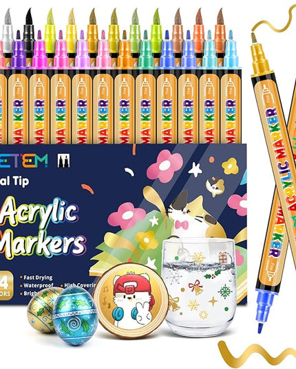 Metallic Acrylic Paint Markers, Dual Tip 24 Colors Acrylic Paint Pens with Brush Tip and Fine Point, markers for black paper, Art Supplies for Rock, Wood, Canvas, Stone, Glass,Grandkids, and Kids