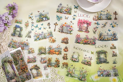 Knaid Scenery Sticker Set (490+ Pieces, 80 Sheets) 4 Pack Sticker Books Blooming Windows, Garden Houses, Enchanted Forest, Garden Fences Journaling Stickers for Scrapbook Bullet Junk Journals Planner