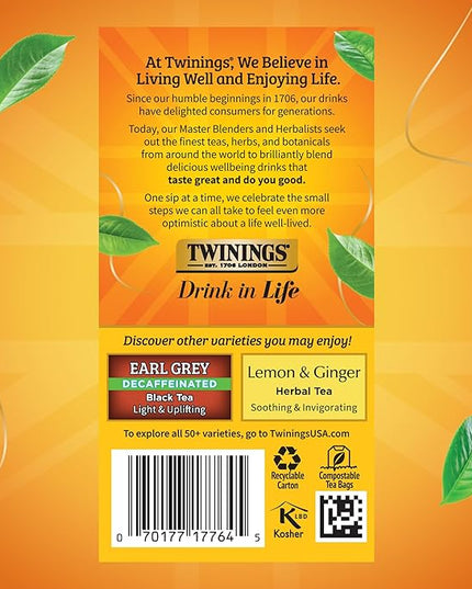 Twinings Decaffeinated Lady Grey Black Tea Individually Wrapped Bags, 20 Count (Pack of 1), Orange Peel & Lemon Peel, Enjoy Hot or Iced, 20 Teabags