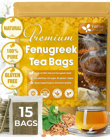 FreshDrinkUS, Premium 15 Tea Bags Fenugreek, 100% Natural & Pure from Fenugreek. Fenugreek Herbal Tea. Made with Natural Material Tea Bags. No Sugar, No Caffeine, No Gluten, Vegan.
