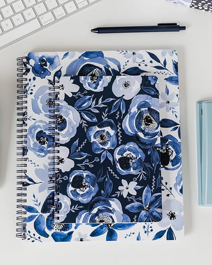 Steel Mill & Co Cute Floral Mini Spiral Notebook, 8.25" x 6.25" Journal with Durable Hardcover and 160 Lined Pages, Blue Watercolor