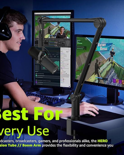 IXTECH Boom Arm Mic Stand with Extension Tube Upgraded Microphone Arm for Shure SM7B MV7 Blue Yeti Sturdy Stainless Steel Mic Arm Desk Stand Foldable Scissor Arm Microphone Mount for Podcast Gaming