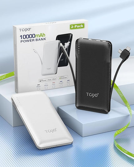 TG90° 2 Pack 10000mAh Slim Portable Charger with Built in Cables,Power Bank Travel Charger Cell Phone External Battery Pack,4 Output External Battery Pack Compatible with iPhone Android Phone