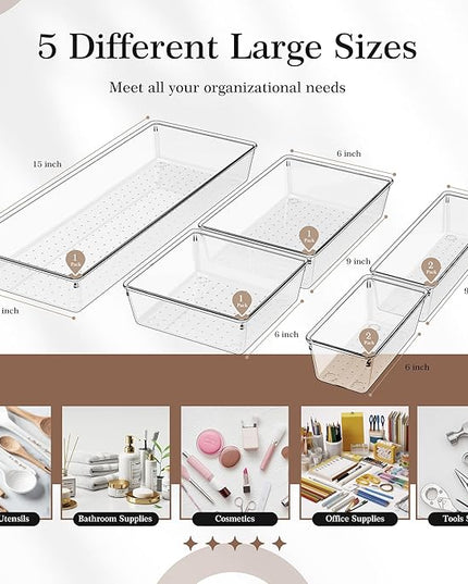 Criusia Clear Drawer Organizer 7 PCS - 5 Size Plastic Versatile Kitchen and Bathroom Organizer Trays, Non-Slip Storage Bins for Makeup, Utensils, Tool and Office Desk