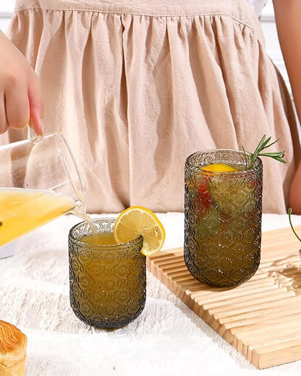 Grey Drinking Glasses Set of 12, 12 Oz Highball & 10 Oz Cocktail Glasses, Grey Kitchen Vintage Glassware Set, Floral Embossed Glass Tumbler Cups for Water, Beer, Juice, Whiskey, Coffee