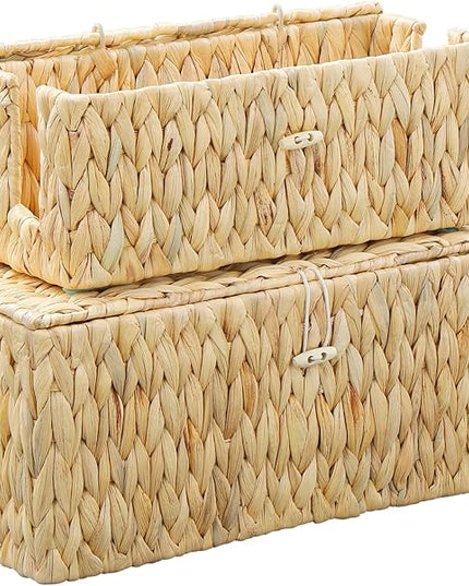 Cable Management Box,Hand-Woven Water Hyacinth Decorative Cord Organizer,2 Side Open Slots Wicker Cable Box to Hide Cords and Power Strip,for Desk, Floor, Office,2 Pack