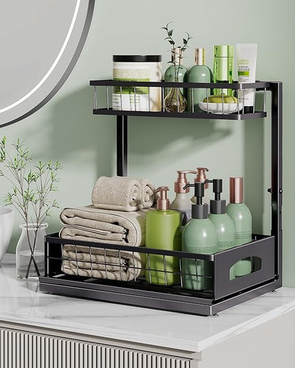 Under Sink Organizer and Storage, Height Adjustable Cabinet Organizer with Slide Out Drawer, Pull Out Under Sink Storage, Multi-Purpose 2 Tier Sink Shelves for Kitchen Bathroom Pantry (Black, 1 Pack)