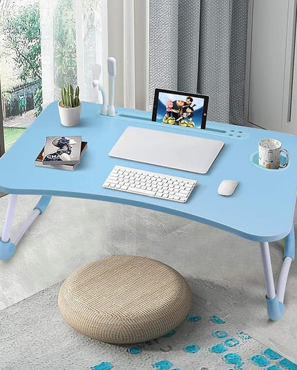 Slendor Lap Desk with Cup Holder, Foldable Laptop Table for Bed, Portable Bed Desk for Laptop and Writing, Computer Tray with Tablet Slot, Notebook Stand Reading Holder for Couch Sofa Floor,Blue