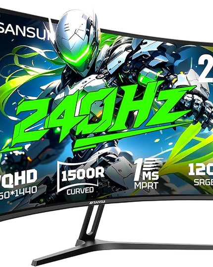 SANSUI 27 Inch Curved Gaming Monitor 240Hz, 2K WQHD 1500R Curved Computer Monitor, 120% sRGB, MPRT 1ms, Freesync, HDR, VESA(100 * 100mm),HDMI*2, DP1.4 * 2(DP Cable Included)