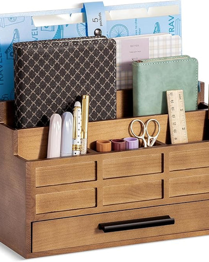 dreampossible Brown Wood Desk Organizer and Accessories with Drawer, Bill Mail Organizer and File Mail Holder for Office Supplies, Rustic Desk Accessories & Workspace Organizers