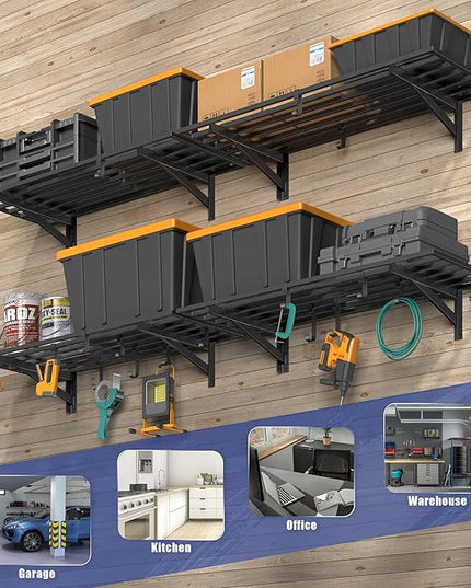 4-Pack 1.5x4ft Garage Shelving Wall Mounted, 1.5 x 4' Heavy Duty Garage Storage Shelves with Hooks, 800LB Capacity