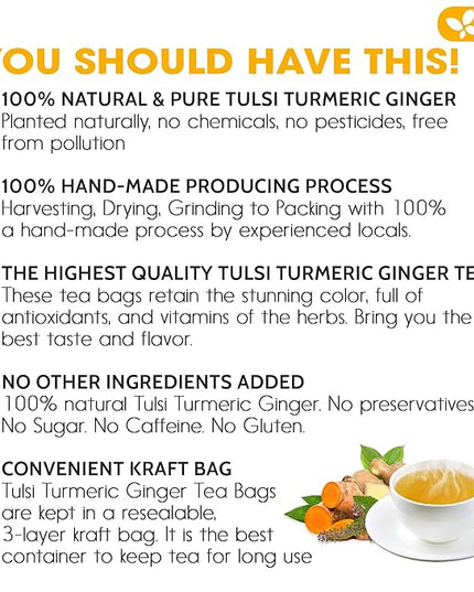 FreshDrinkUS, Premium 75 Tulsi Turmeric Ginger Tea Bags, 100% Natural & Pure from Tulsi Holy Basil Leaves, Turmeric and Ginger. Made with Natural Material Tea Bags. No Sugar, No Caffeine, Vegan.