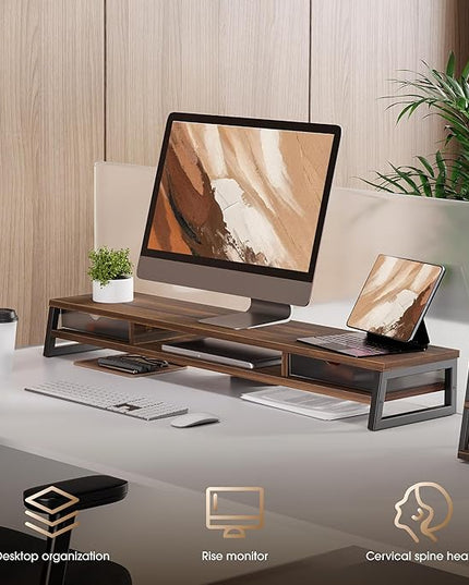 Fenge Dual Monitor Stand, Monitor Riser with Drawer, 42.5 Inch Large Computer Monitor Stand for 2 Monitors, 2 Tier Wooden Desk Shelf for Top of Desk