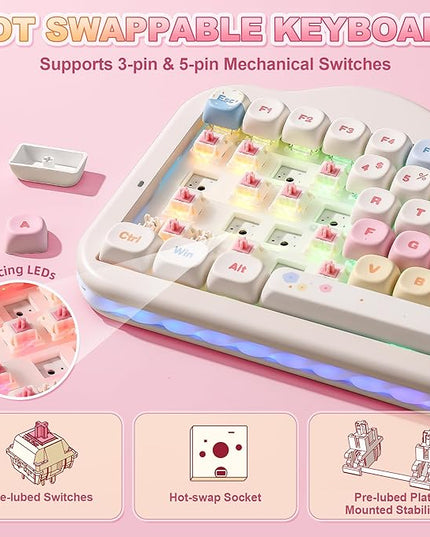 YUNZII C75 Wireless Mechanical Keyboard,75% Layout, Hot-Swappable NKRO,BT5.0/2.4G/USB-C Mode,Dye-Sub PBT MOA Keycaps,RGB Gasket Mount,Cute Cake Design for Mac/Win/Gaming (Beige, Candy Switch)