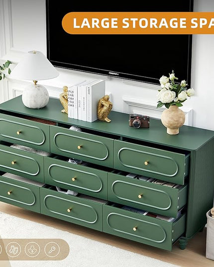9 Drawer Fluted Dresser for Bedroom, Mid Century Modern Chest of Drawers, Wood Storage Small Dresser Organizer for Bedroom Living Room Hallway Closet, Green
