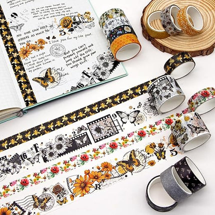 KOVANO Washi Tape Set 14 Rolls, Vintage Bee Floral Butterfly Botanical Washi Tape, Yellow Black Decorative Tapes for Scrapbooking Supplies, Junk Journal, Bullet Journaling, Art Crafts