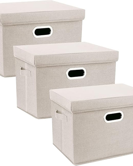 TYEERS Large Storage Bins with Lids, Collapsible, Washable, Fabric Storage Boxes for Organizing, 17.3x11.8x11.4 inches, 3 Pack, Beige