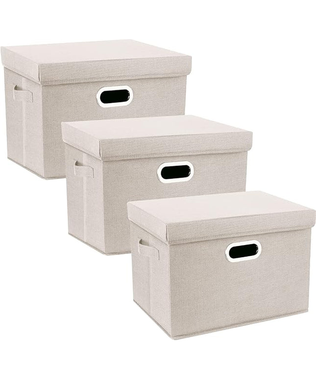 TYEERS Large Storage Bins with Lids, Collapsible, Washable, Fabric Storage Boxes for Organizing, 17.3x11.8x11.4 inches, 3 Pack, Beige