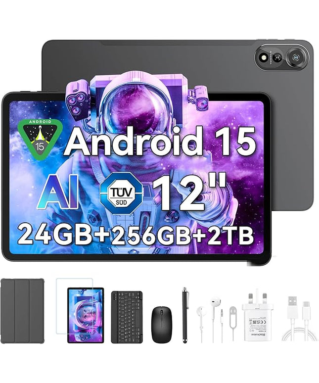 Blackview 12 Inch Tablet Android 15,Android Tablets with Keyboard Mouse Pen Case & SIM Card Slot,24GB RAM+256GB ROM(2TB),2.4K 120Hz FHD+ IPS Display, 9000mAh/33W Fast Charging,5G WiFi,GPS