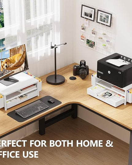 OPNICE Desk Organizers and Accessories, 2-Tier Computer Monitor Stand Riser with Drawer and 2 Pen Holders, Laptop Stand, Office Desk Accessories for Office Supplies, White