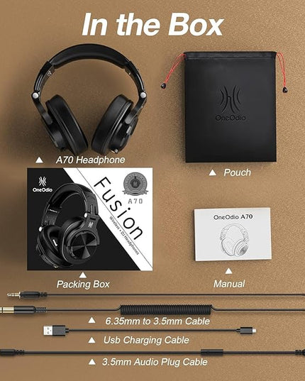 OneOdio A70 Bluetooth Over Ear Headphones, Wireless Headphones with 72H Playtime, Hi-Res, Built-in Mic, 3.5mm/6.35mm Wired Audio Jack for Studio Monitor & Mixing DJ Guitar AMP, Computer PC Gaming