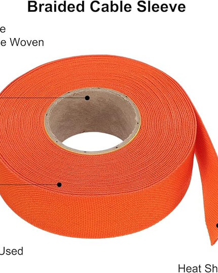 MECCANIXITY Braided Cable Sleeves Heat Shrinkable Fabric Sleeving, 1" 40ft Orange 2:1 Ratio Heat Shrinkable Cord Protector for Harness Cable, Network Cable Protection, Cable Management